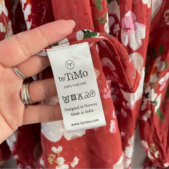 byTiMo | Women’s Chiffon Floral Botanical Rust Red Mini Shift Dress Mock-neck L - Picture 3 of 9